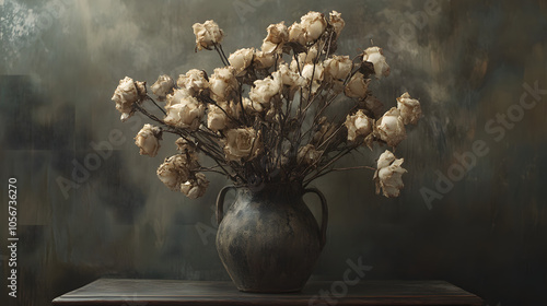 A chilling arrangement of withered flowers in a dusty vase. photo