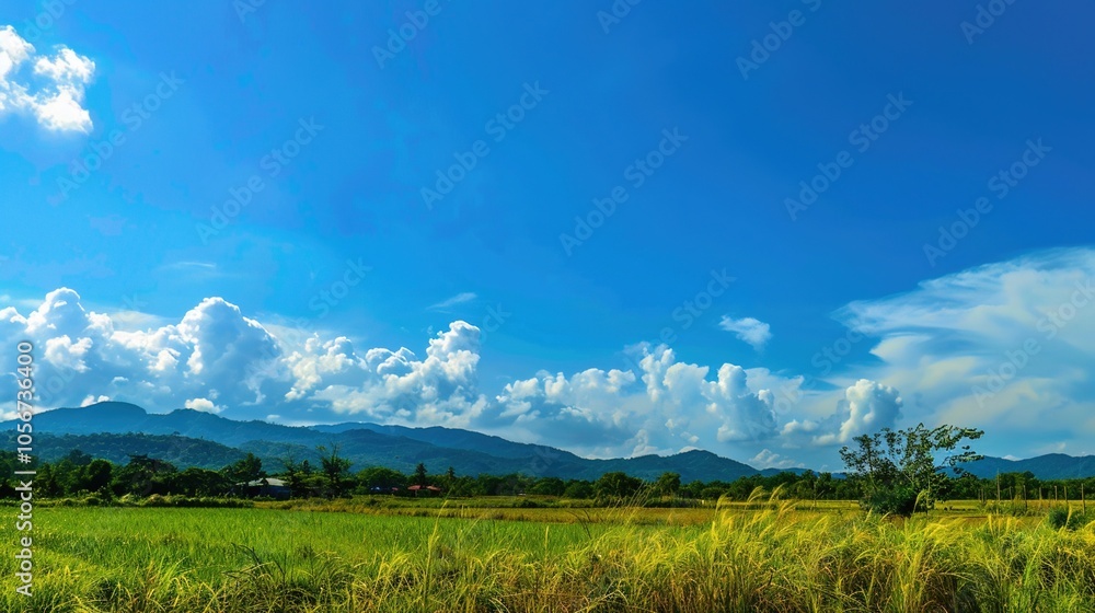 Obraz premium The allure of a landscape filled with the beauty of blue sky, fluffy white clouds, majestic high mountains, and vibrant green plants. Generative AI