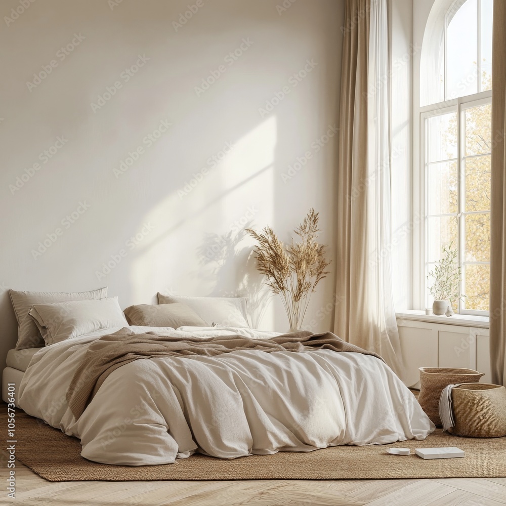 A serene minimalist bedroom with neutral tones, large window, and cozy bedding. Perfect for themes of relaxation, interior design, and modern living. A serene minimalist bedroom with neutral tones, large window, and cozy bedding. Perfect for themes of relaxation, interior design, and modern living.