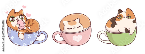 Cute cat in coffee cup cartoon illustration. Funny kitty print design for cafe on Valentine. Adorable and kawaii animal love tea mug in morning. Happy pet smile face with heart isolated japanese draw