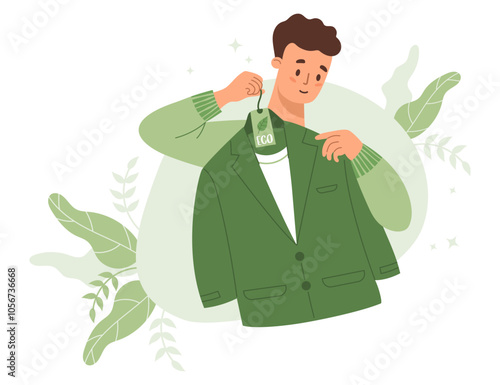 Sustainable fashion. Shopping. Man tries on business suit made from recycled material. Buying eco-friendly clothes. Recycle, environmental care and green technology. Vector illustration in flat style