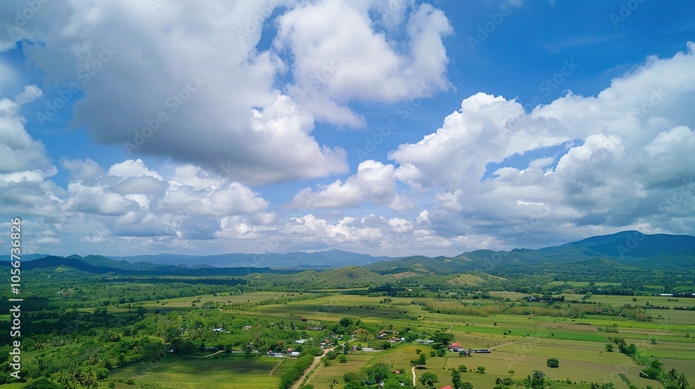 Naklejka premium The allure of a landscape filled with the beauty of blue sky, fluffy white clouds, majestic high mountains, and vibrant green plants. Generative AI