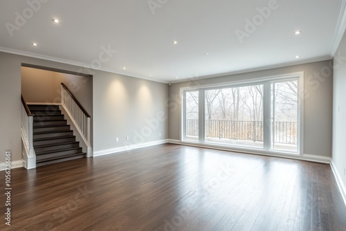 Bright and airy empty living room featuring large windows, hardwood floors, and neutral walls, perfect for interior design concepts.