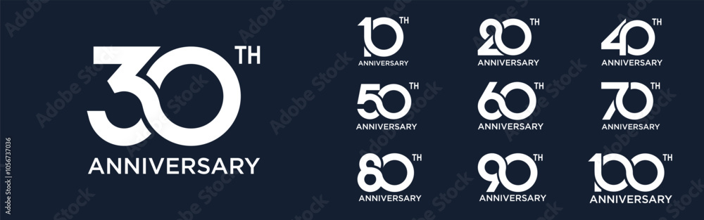 collection anniversary 10 to 100 year logo designs. abstract number for celebration event, wedding, greeting card, and invitation, vector illustration collection anniversary 10 to 100 year logo designs. abstract number for celebration event, wedding, greeting card, and invitation, vector illustration