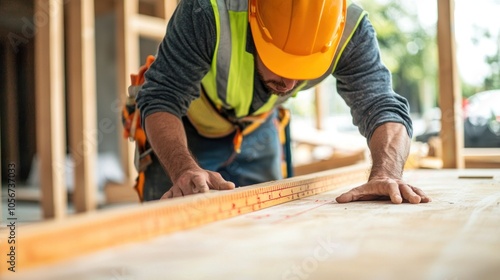 A construction worker is measuring and marking a wall to ensure proper alignment before installation.