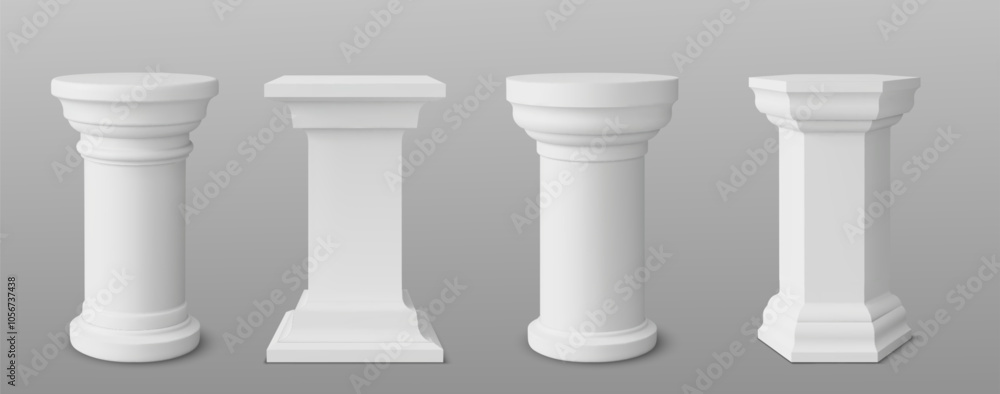 3d white pillar podium. Museum column stand vector for product display. Round and square shape empty exhibition stage. Realistic greek or roman marble foundation art sculpture with plinth level. 3d white pillar podium. Museum column stand vector for product display. Round and square shape empty exhibition stage. Realistic greek or roman marble foundation art sculpture with plinth level.