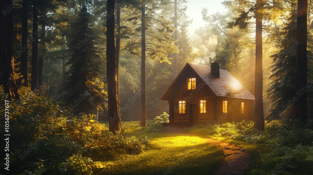 A quaint wooden house set amidst towering pine trees A quaint wooden house set amidst towering pine trees