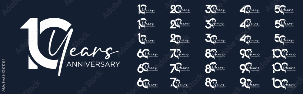 collection anniversary 10 to 100 year logo designs. abstract number for celebration event, wedding, greeting card, and invitation, vector illustration collection anniversary 10 to 100 year logo designs. abstract number for celebration event, wedding, greeting card, and invitation, vector illustration