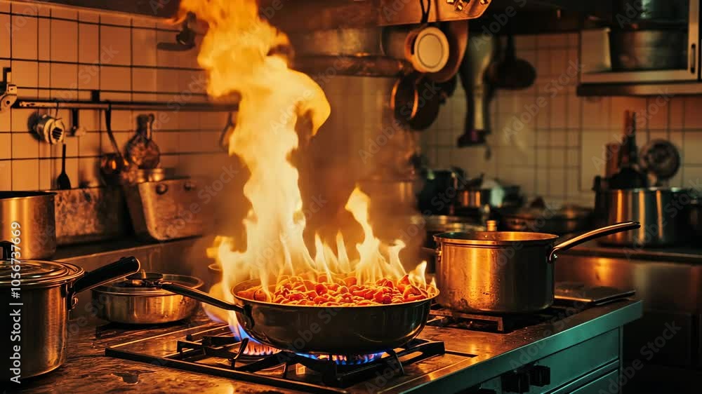 A pot of food is on fire on a stovetop in a kitchen A pot of food is on fire on a stovetop in a kitchen
