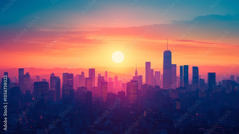 Naklejka premium Sunset Over a Silhouetted City Skyline with a Glowing Sun