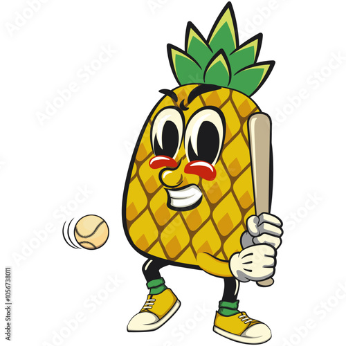 Cute and happy fun pineapple isolated vector cartoon mascot character in playing baseball ready to hit the ball with the bat, work of hand drawn