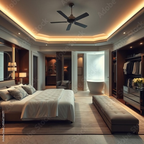 A luxurious master bedroom with a kingsized bed walkin closet and ensuite bathroom master bedroom 