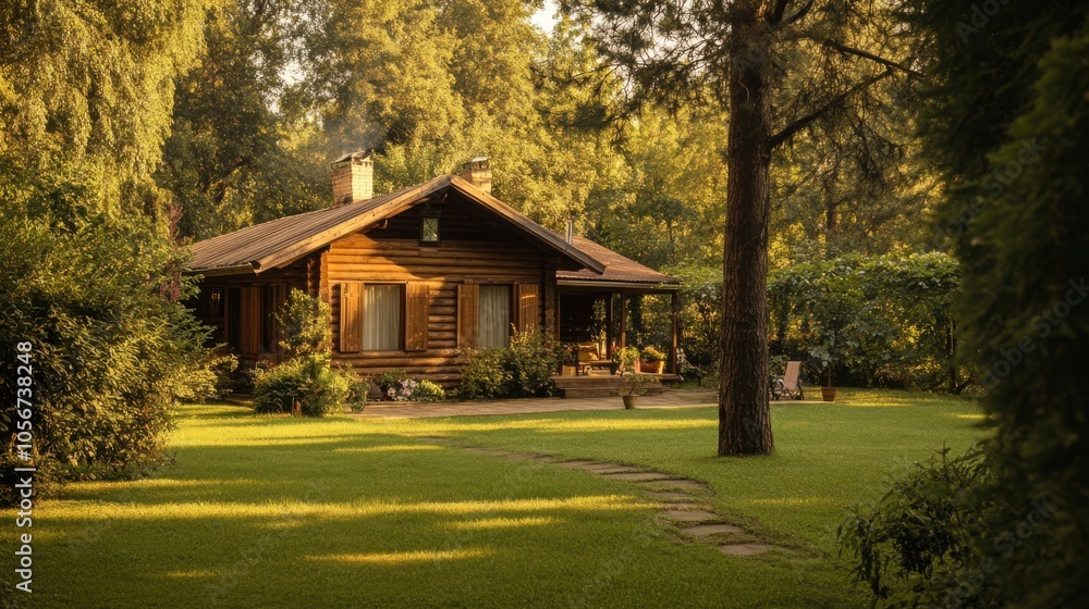 A rustic wooden home surrounded by a verdant forest garden A rustic wooden home surrounded by a verdant forest garden