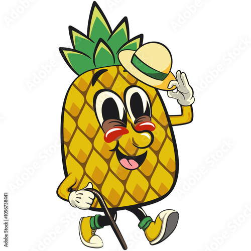 Cute and happy fun pineapple isolated vector cartoon mascot character carrying a stick and saluting with raised hat, work of hand drawn