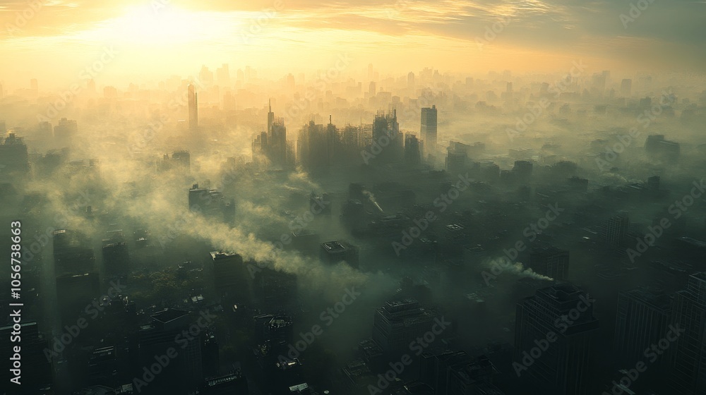 Fototapeta premium A Dense Fog Envelopes a Cityscape at Sunrise