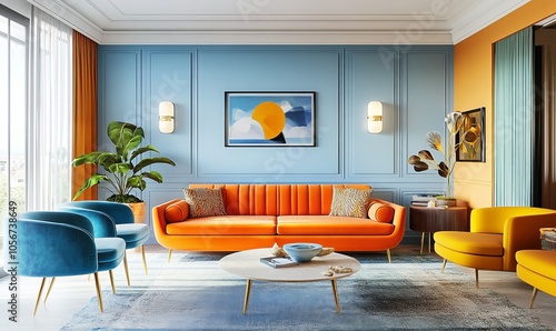 interior design featuring an elegant living room with vintage orange sofa and blue yellow armchairs as well as a comfortable couch in a bright apartment with retro decor