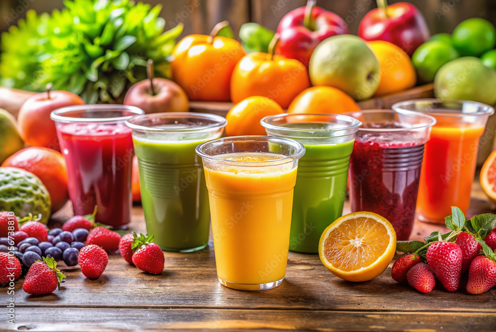 Assorted fresh fruit juices in glasses on rustic table
Assorted fresh fruit juices in glasses on rustic table