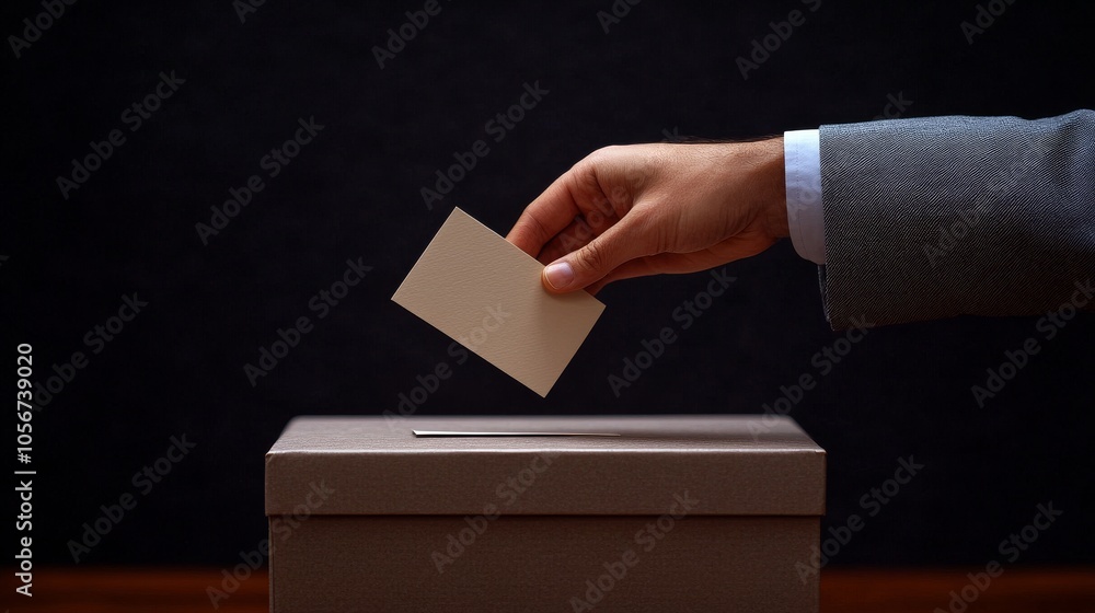Hand dropping blank ballot into brown ballot box Hand dropping blank ballot into brown ballot box
