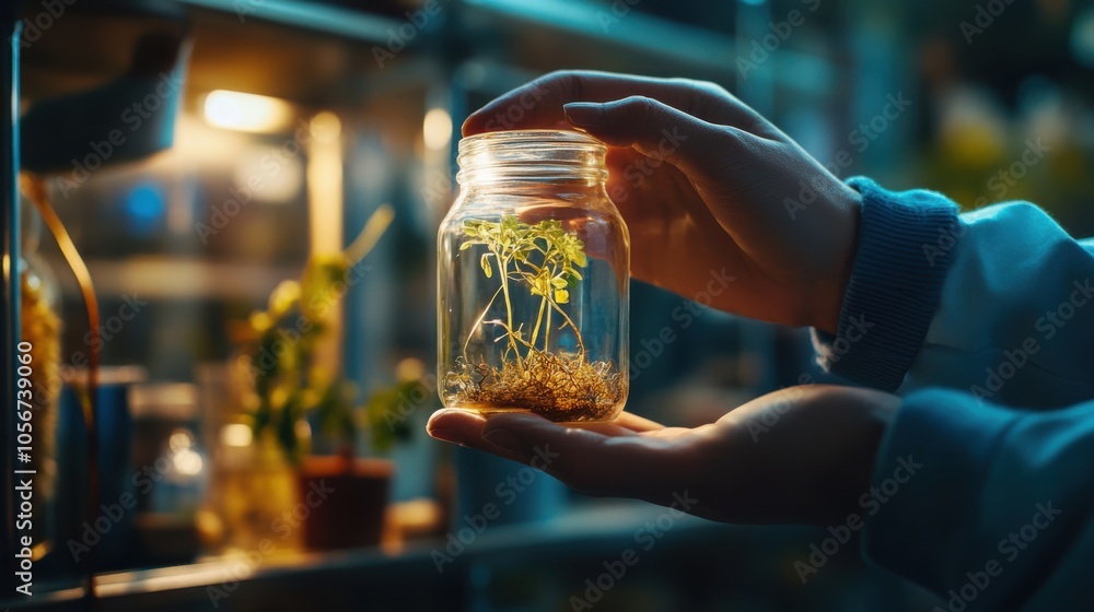 A scientist s hand holding a glass jar with a small plant tissue inside, A scientist s hand holding a glass jar with a small plant tissue inside,