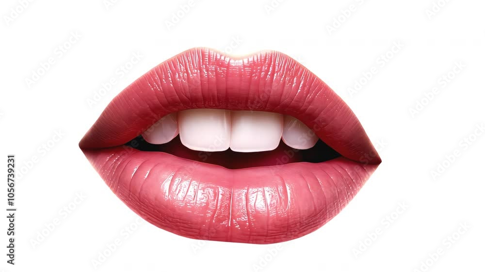 Close-up of glossy lips isolated on a white background, moving slowly in soft, detailed motion. Close-up of glossy lips isolated on a white background, moving slowly in soft, detailed motion.