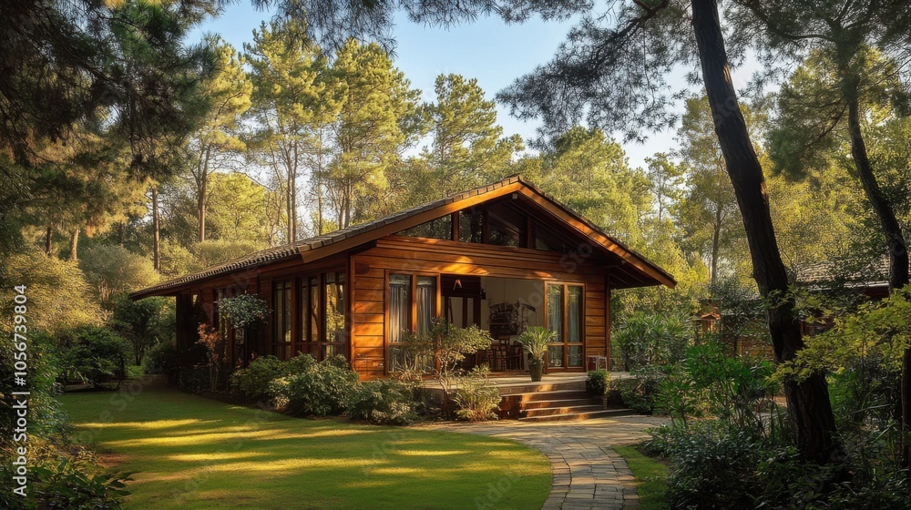 A serene wooden house under the canopy of pine trees, A serene wooden house under the canopy of pine trees,