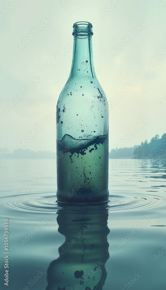 Dirty glass bottle in water depicting pollution and environmental issues Dirty glass bottle in water depicting pollution and environmental issues