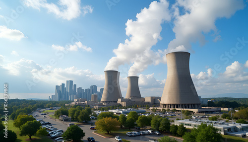 Industrial complex with smokestacks under a cloudy sky reflecting environmental pollution and carbon footprint