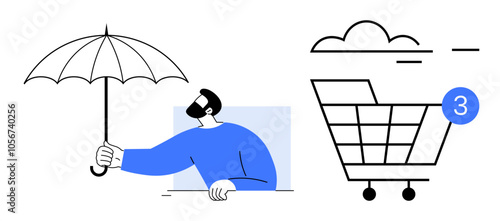 Man holding umbrella beside shopping cart with notification for three cloud products. Ideal for e-commerce, cloud storage, online shopping, digital marketing, product notifications, customer service
