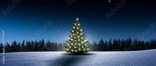Weihnachtsbaum im Tannenwald bei Nacht im Winter