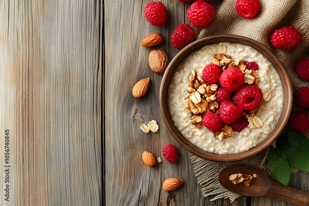 Fresh and Healthy Oatmeal Bowl with Raspberries, Nuts, and Almonds on Rustic Wooden Table Fresh and Healthy Oatmeal Bowl with Raspberries, Nuts, and Almonds on Rustic Wooden Table