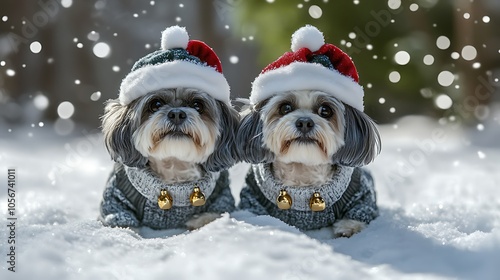 A charming photo capturing a pair of playful pugs frolicking in the snow, wearing cheerful holiday outfits and hats adorned with jingle bells. photo