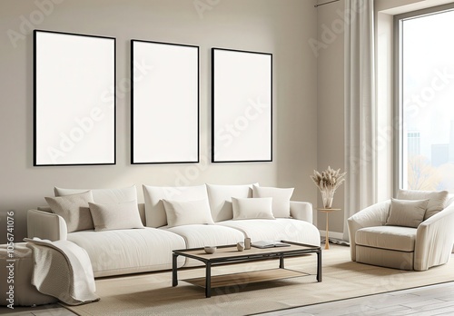 A modern living room with a white sofa. a coffee table. a chair. three empty picture frames. and a window with a city view