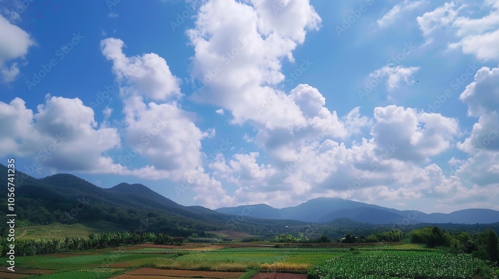 Fototapeta premium The allure of a landscape filled with the beauty of blue sky, fluffy white clouds, majestic high mountains, and vibrant green plants. Generative AI
