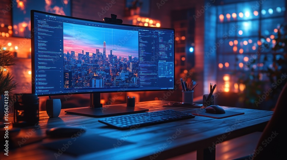 A cozy workspace with a computer displaying a city skyline. A cozy workspace with a computer displaying a city skyline.
