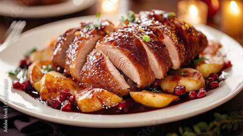 A gourmet presentation of baked duck, served with pomegranate sauce and caramelized apple slices, arranged beautifully on a sleek white plate. generative ai
