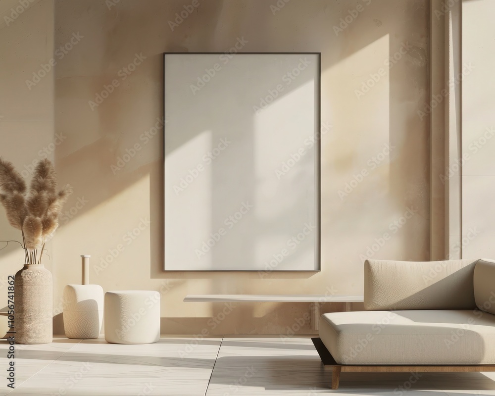 A minimalistic living room interior with a large blank canvas leaning against a textured wall Natural light shines through the large window. highlighting the beige tones of the room and furniture A minimalistic living room interior with a large blank canvas leaning against a textured wall Natural light shines through the large window. highlighting the beige tones of the room and furniture