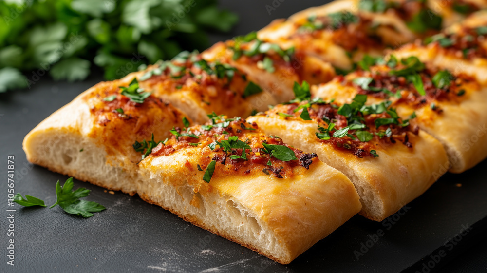 Freshly baked bread topped with herbs and spices, showcasing golden crust and soft interior. Perfect for sharing or as side dish. Freshly baked bread topped with herbs and spices, showcasing golden crust and soft interior. Perfect for sharing or as side dish.