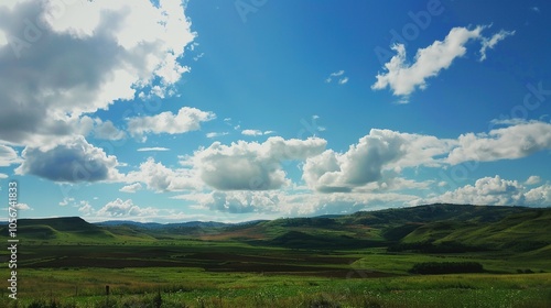 The allure of a landscape filled with the beauty of blue sky, fluffy white clouds, majestic high mountains, and vibrant green plants. Generative AI