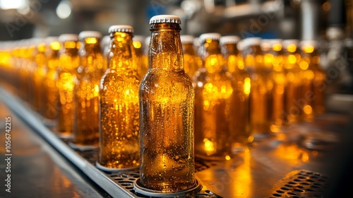 Close-up of Brown Glass Bottles with Golden Liquid on a Conveyor Belt