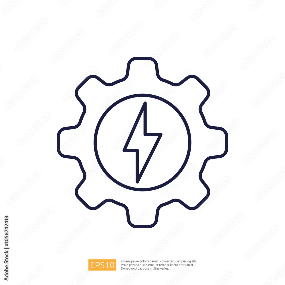 A simple outline of a gear with a lightning bolt inside, symbolizing energy or power within a mechanical context. A simple outline of a gear with a lightning bolt inside, symbolizing energy or power within a mechanical context.