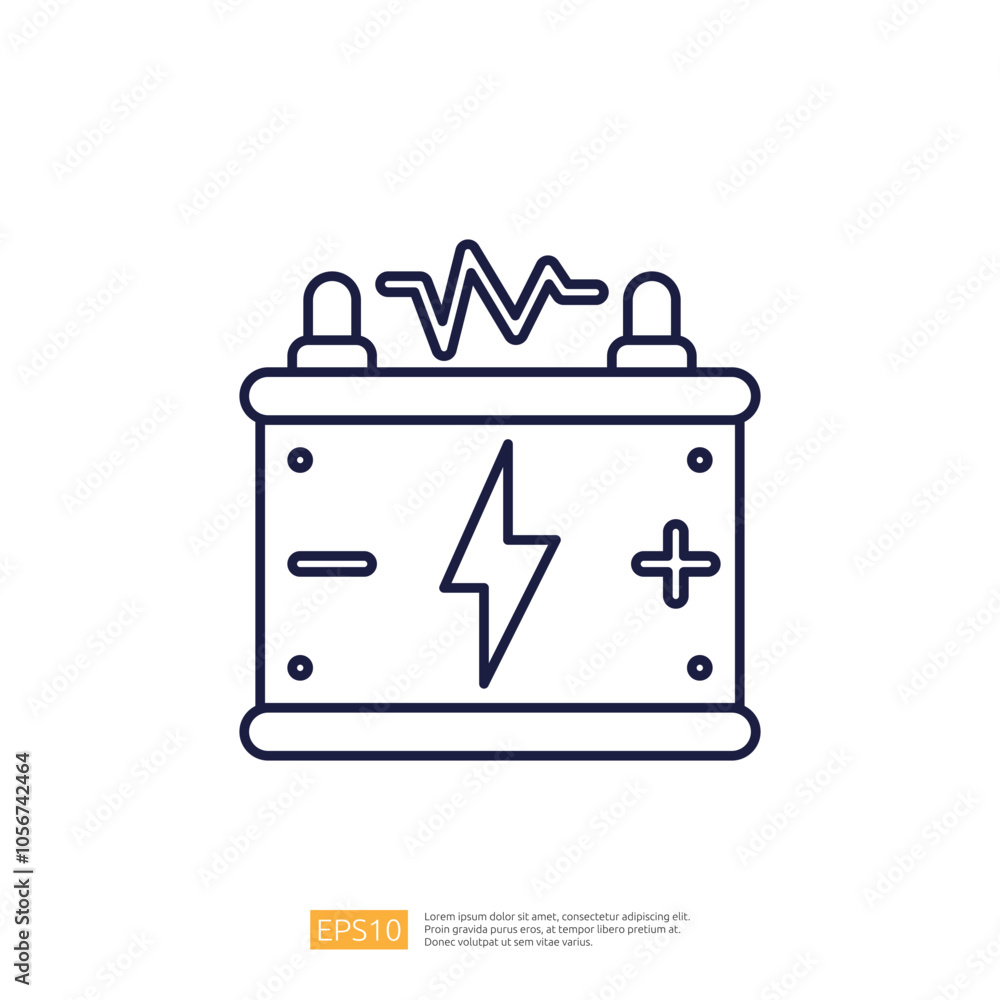 The image depicts a simple line drawing of a battery, featuring positive and negative terminals, with a lightning bolt symbolizing energy flow and a waveform above it. The image depicts a simple line drawing of a battery, featuring positive and negative terminals, with a lightning bolt symbolizing energy flow and a waveform above it.