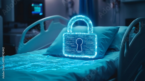 Hospital Bed with Digital Security Lock Icon Hologram, Generative AI