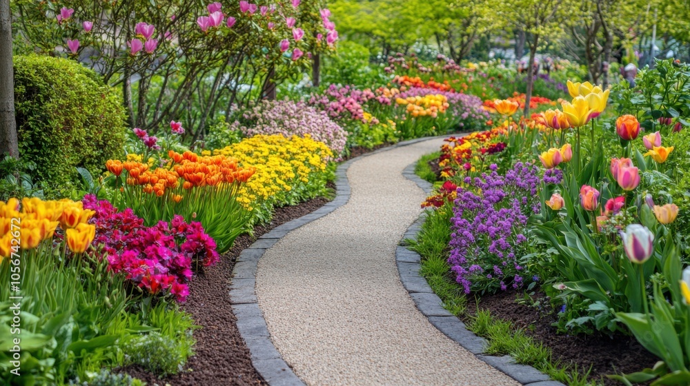 A well-designed garden path bordered by bright, blooming flowers, A well-designed garden path bordered by bright, blooming flowers,