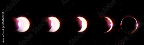 Solar eclipse total and partial phase space vector. Lunar ring cycle with different sun shine. 3d cosmos magic moonphase half and complete effect. Neon astrology sphere glow sequence for night sky