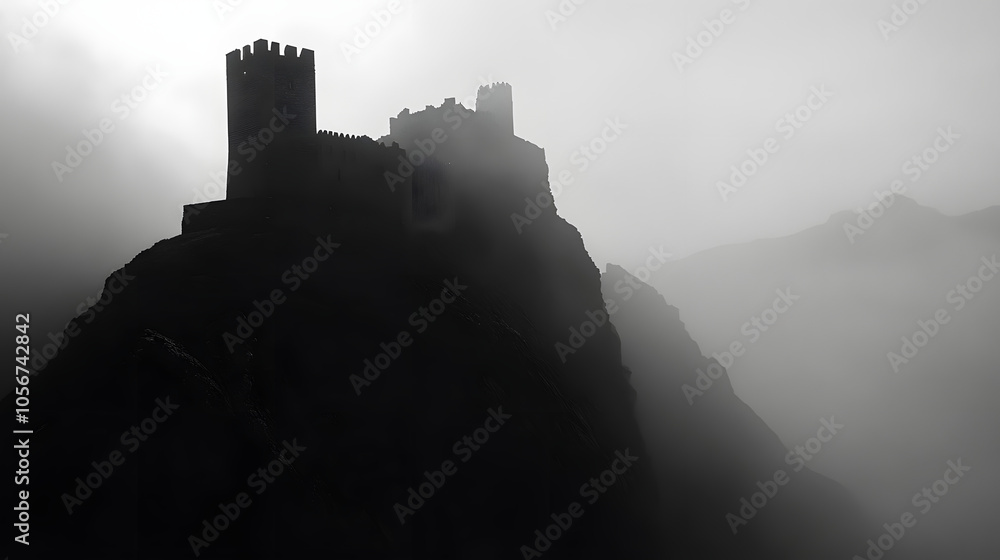 Obraz premium A chilling silhouette of a castle on a foggy mountaintop.