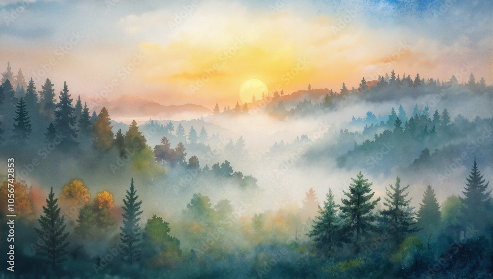 Naklejka premium Misty forest at sunrise with soft sunlight and vibrant colors