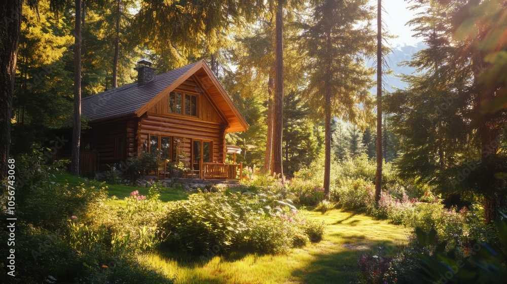A wooden cabin nestled under the shade of tall pine trees, A wooden cabin nestled under the shade of tall pine trees,