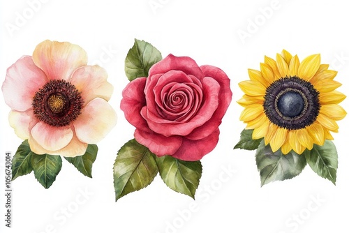 Wallpaper Mural Watercolor Flowers - Roses and Sunflowers Torontodigital.ca