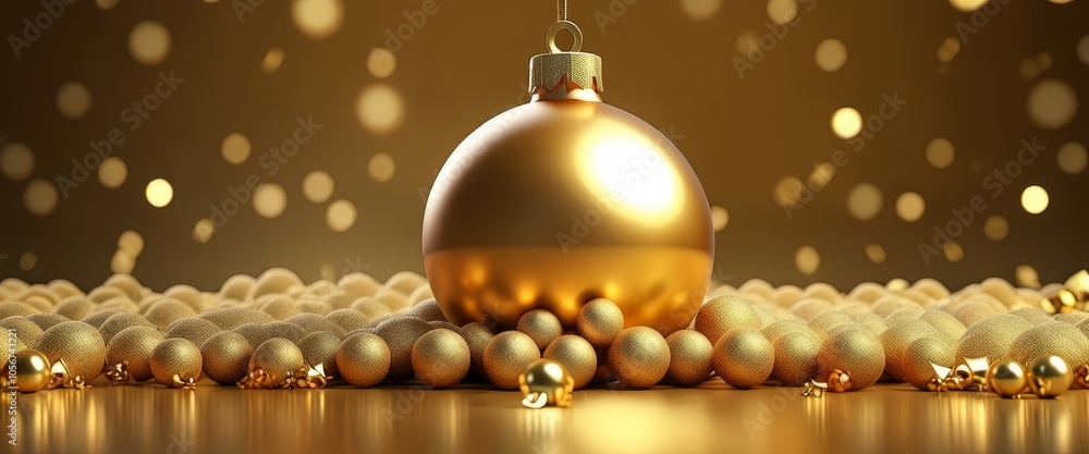 Golden christmas ornament on shimmering background with festive spheres Golden christmas ornament on shimmering background with festive spheres