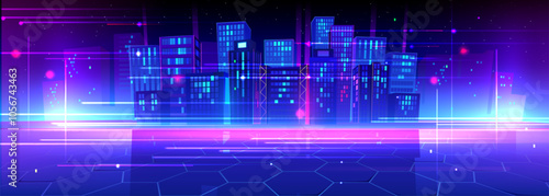 Neon metaverse city. Tech building background. Futuristic cyber virtual reality technology for world cityscape hologram. Ai night skyline bg. Modern street architecture with data network concept